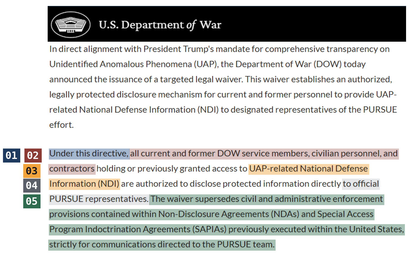 U.S. Department of War announcement of a targeted legal waiver for disclosures to PURSUE representatives