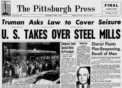 The Pittsburgh Press front page: U.S. takes over steel mills
