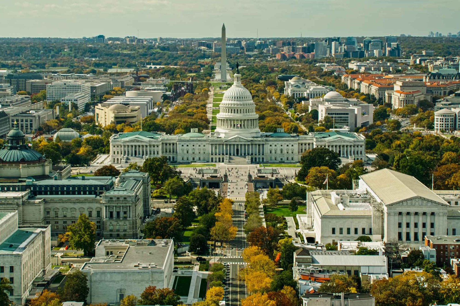 Aerial view of the U.S. Capitol, Supreme Court, Library of Congress, and the National Mall